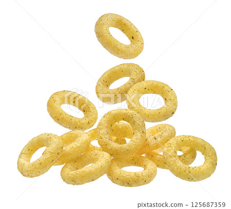 Crispy onion rings isolated on white background with clipping path, package design element 125687359