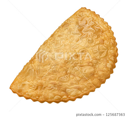 Cheburek filled with minced meat isolated on white background with clipping path Cheburek filled with minced meat isolated on white background with clipping path 125687363