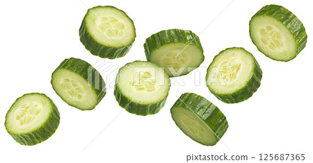 Falling cucumber slices isolated on white background with clipping path, full depth of field 125687365