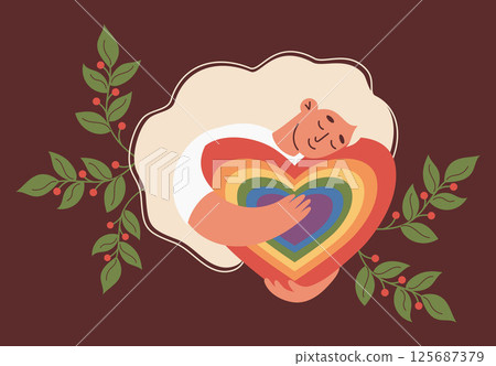 Happy Woman Holding Rainbow LGBT Heart. LGBTQ community. Festive Lesbian Girl Blonde. Flat Vector Illustration. Colorful person LGBT support image for Pride Month, unity, diversity and equal love Happy Woman Holding Rainbow LGBT Heart. LGBTQ community. Festive Lesbian Girl Blonde. Flat Vector Illustration. Colorful person LGBT support image for Pride Month, unity, diversity and equal love 125687379