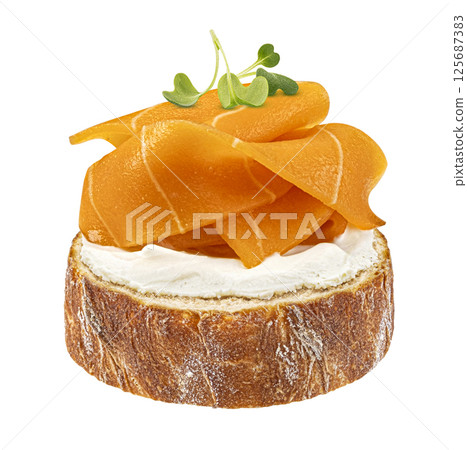 Vegan plant based salmon slices on bread isolated on white background with clipping path, package design element 125687383