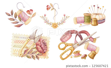 Set of sewing tool and needlework composition in watercolor. Hand drawn vintage arrangement with supplies and tailor scissors. Fashion industry and hobby kit. Perfect for atelier or dressmaker design. 125687421