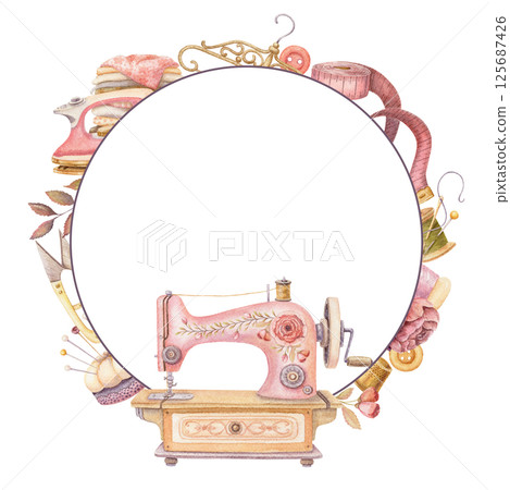 Round frame with watercolor sewing machine and copy space. Hand drawn vintage floral template with clothes hanger and pincushion. Perfect for tailor logo and romantic card and invitation design. Round frame with watercolor sewing machine and copy space. Hand drawn vintage floral template with clothes hanger and pincushion. Perfect for tailor logo and romantic card and invitation design. 125687426