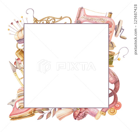 Square frame with watercolor sewing machine and copy space. Hand drawn vintage floral template with clothes hanger and pincushion. Perfect for tailor logo and romantic card and invitation design. 125687428