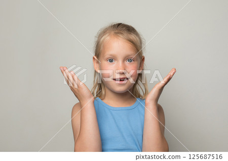 Happy surprised child girl on white background 125687516