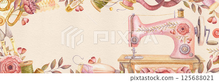 Sewing tools watercolor banner with copy space. Hand drawn vintage floral template with rose flowers and sewing machine. Perfect for tailor shop or atelier advertising background and web design. 125688021