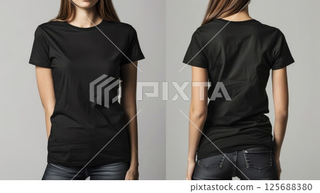 身穿黑色 t 恤的女模特 身穿黑色 t 恤的女模特 125688380