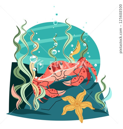 Crab and Seaweed Isolated on White Background. Marine Life Vector Illustration for Ocean Conservation Projects and Educational Materials. Flat Design Style. 125688500