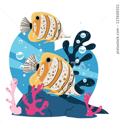Tropical Butterflyfish Isolated on White Background with Coral Reef Elements. Marine Life Illustration for Conservation Projects, Educational Materials and Aquarium Decor. Vector Art. 125688501