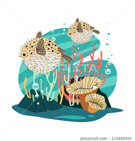 Pufferfish and Coral Reef Isolated on White Background. Marine Life Vector Illustration for Ocean Conservation, Aquarium Decor and Educational Materials. Flat Design. 125688502