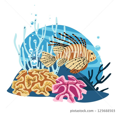 Lionfish in Coral Habitat Isolated on White. Striking Marine Predator Vector Art for Aquatic Shops, Biology Textbooks and Invasive Species Awareness Campaigns. Flat style Illustration. 125688503