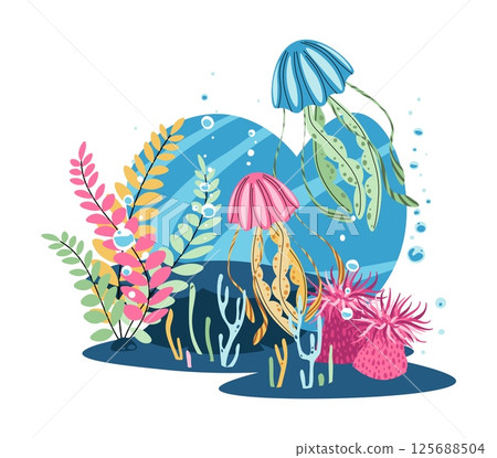 Jellyfish and Seaweed Underwater Scene. Marine Life Vector Illustration for Ocean Conservation, Educational Materials, and Aquarium Decor. Elegant Flat Design. 125688504