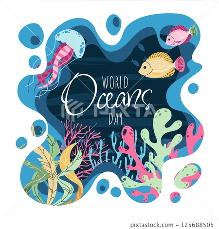 World Oceans Day Square Banner. Flat Design Underwater Scene with Coral Reef, Seaweed, Tropical Fish and Jellyfish. Vector Illustration for Environmental Awareness Campaigns and Social Media 125688505
