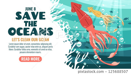 World Oceans Day Banner Featuring a Gliding Squid in the Ocean with Air Bubbles. Marine Life Design for Conservation Awareness on Social Media and Websites. 125688507