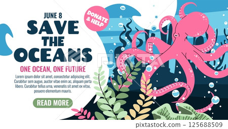 World Oceans Day Banner Featuring a Playful Pink Octopus Among Coral Reefs and Seaweed. Marine Conservation Design for Social Media and Eco Campaigns to Protect Ocean Life. 125688509
