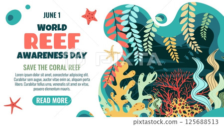 World Reef Day Horizontal Banner. Vibrant Coral Reef and Seaweed. Marine Biodiversity Conservation, Save the Ocean Ecosystem. Bright Vector Illustration 125688513