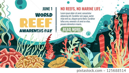 World Reef Day horizontal banner. Vibrant coral reef seaweed and bubbles. Perfect for marine conservation campaigns social media posts website headers posters and educational materials 125688514