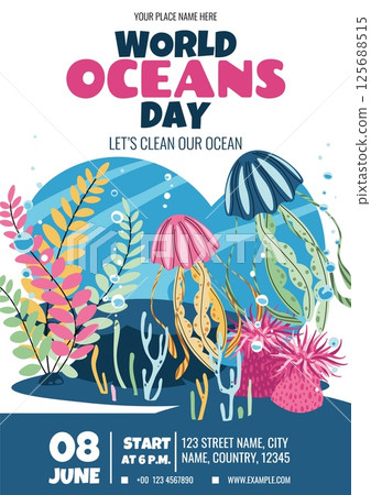 World Oceans Day Flyer. Jellyfish and Seaweed Marine Design. Protect Ocean Ecosystems. Vibrant Vector Art for Posters, Social Media and Eco Campaigns 125688515