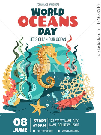 World Oceans Day Flyer Featuring Seahorse in Seagrass for Ocean Protection Campaign. Eco Awareness Poster, Social Media Graphic. Minimalist Vector. 125688516