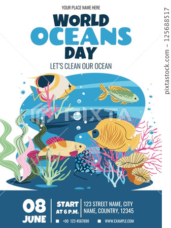 World Oceans Day Banner. Playful tropical fish and Coral Reef Design. Poster for Marine Conservation Events, Beach Cleanups and Ocean Protection Campaigns. Vector Template. 125688517