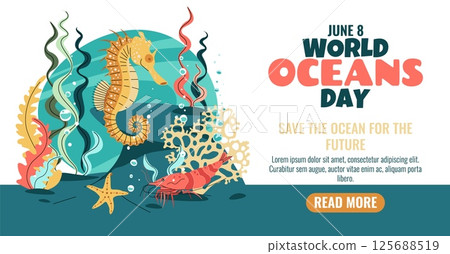 World Oceans Day Horizontal Banner Featuring Seahorse, Shrimp and Coral Reef for Marine Biodiversity Conservation. Perfect for Ocean Protection Campaigns and Educational Materials. Vector 125688519