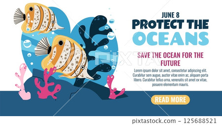 World Oceans Day Horizontal Banner Featuring Butterflyfish, Coral Reef for Marine Biodiversity Awareness. Perfect for Ocean Conservation Campaigns and Educational Projects. Vector Illustration. 125688521