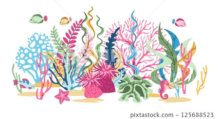 Flat Design Tropical Fish and Coral Reef on White Background. Vibrant Marine Vector Illustration for Stickers, Wall Decor, Eco Products and Social Media Graphics. 125688523