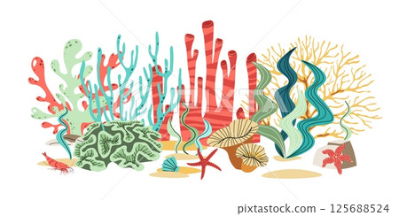 Flat Design Coral and Seaweed Composition on White Background. Minimalist Marine Vector Illustration for Prints, Stickers and Wall Art. 125688524