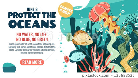 World Oceans Day Horizontal Banner Featuring Jellyfish, Tropical Fish and Seaweed for Marine Biodiversity Awareness. Perfect for Ocean Conservation Campaigns and Educational Projects. 125688525