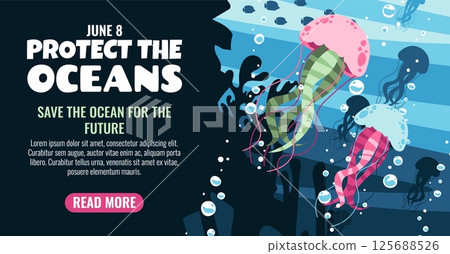 World Oceans Day Horizontal Banner. Jellyfish and Coral Reefs with Seaweed. Protect and Preserve Our Oceans. Marine Conservation Design for Websites, Social Media and Print. 125688526