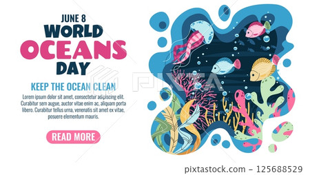 World Oceans Day Horizontal Banner. Flat Design Coral Reef with Tropical Fish and Jellyfish. Marine Life Illustration for Ocean Conservation and Eco Awareness. Vibrant Vector Art 125688529