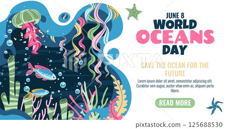 World Oceans Day Horizontal Banner. Flat Design Coral Reef with Tropical Fish and Jellyfish. Marine Life Illustration for Ocean Conservation and Eco Awareness. Vibrant Vector Art. 125688530