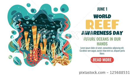 Coral Reef Conservation Banner. World Reef Day Campaign and Algae. Protect Marine Life, Eco Awareness Horizontal Design Coral Reef Conservation Banner. World Reef Day Campaign and Algae. Protect Marine Life, Eco Awareness Horizontal Design 125688531