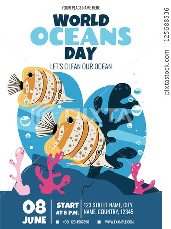 World Oceans Day Flyer. Butterflyfish and Coral Reef Design for Eco-Actions. Marine Conservation Events, Beach Cleanups and Ocean Protection Campaigns. Vector Template. 125688536