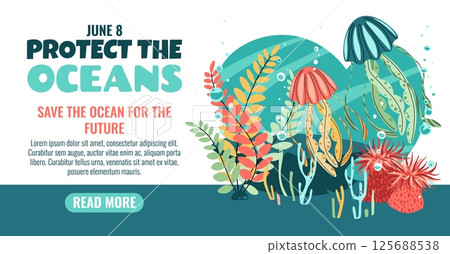 World Oceans Day Horizontal Banner Featuring Jellyfish and Seaweed in Flat Design Style for Marine Biodiversity Awareness. Perfect for Ocean Conservation Campaigns, Websites, Apps and Print Materials. 125688538