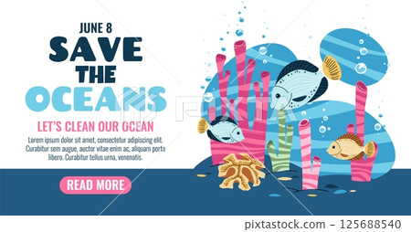 World Oceans Day Horizontal banner. Underwater background featuring a tropical fish, coral reef, seaweed. Marine conservation campaign, social media, educational materials, and eco-awareness project 125688540