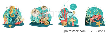 Marine Life Flat Design Set Featuring Pufferfish, tropical fish, Seahorse and Crab on Coral Reef with Seaweed Isolated on White Background. Vector Illustration Collection for Ocean Conservation 125688541
