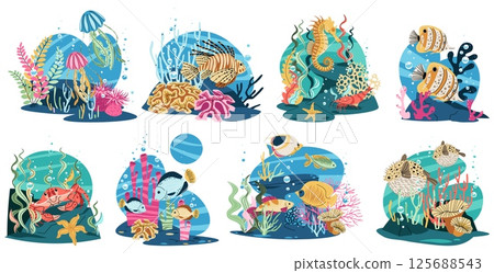 Tropical fish set in flat design. Includes lionfish, butterflyfish, Pufferfish, Seahorse, Crab and jellyfish with coral reef. Isolated on white background. Ideal for ocean conservation projects. 125688543