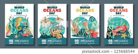 World Oceans Day Flyer Set Featuring Crab, jellyfish, Seahorse and Pufferfish on Coral Reef. Flat Design Vector Templates for Marine Conservation Events, Beach Cleanups and Ocean-Themed Parties. World Oceans Day Flyer Set Featuring Crab, jellyfish, Seahorse and Pufferfish on Coral Reef. Flat Design Vector Templates for Marine Conservation Events, Beach Cleanups and Ocean-Themed Parties. 125688544