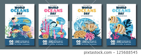 World Oceans Day Flyer Set Featuring tropical fish on Coral Reef. Perfect for eco festival invitations, school marine workshops and aquarium fundraising events. Customizable vector templates 125688545