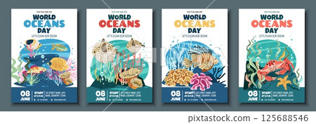 World Oceans Day Flyer Set Featuring Crab, tropical fish, lionfish and Pufferfish on Coral Reef. Flat Design Vector Templates for Marine Conservation Events, Beach Cleanups and Ocean-Themed Parties. 125688546