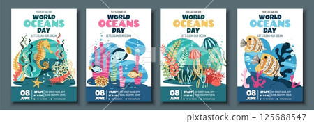 World Oceans Day Flyer Set Featuring tropical fish, seahorse and jellyfish on Coral Reef. Vector Templates for Marine Conservation Events, Beach Cleanups and Ocean-Themed Parties. Vector templates. 125688547