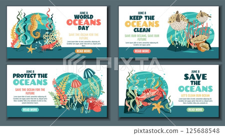 World Oceans Day Horizontal Banner Set Featuring Crab, Seahorse, Pufferfish and Jellyfish on Coral Reef. Flat Design Vector Templates for Marine Conservation Events and Ocean Awareness Campaigns 125688548