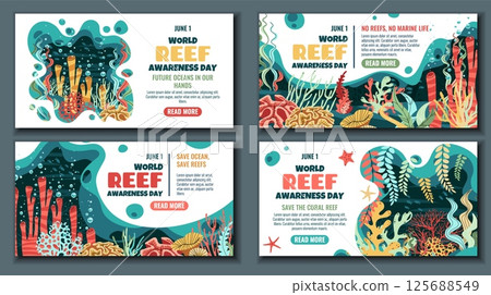 World Reef Day Horizontal Banner Set. Vibrant Coral Reef and Seaweed Flat Design. Protect Our Reefs. Perfect for Marine Conservation Websites, Social Media, Eco Campaigns. Custom Vector Illustrations 125688549