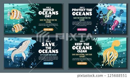 World Oceans Day Web Banner Set Featuring Octopus, Whale, Butterflyfish, Jellyfish on Coral Reef. Vector Templates for Marine Conservation Campaigns, Educational Websites and Eco-Friendly Promotions. 125688551