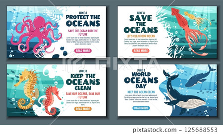 World Oceans Day Horizontal Banner Set Featuring Octopus, Squid, Seahorse and Whale on Coral Reef. Templates for Marine Conservation Events, Educational Programs and Ocean Awareness Campaigns. 125688553
