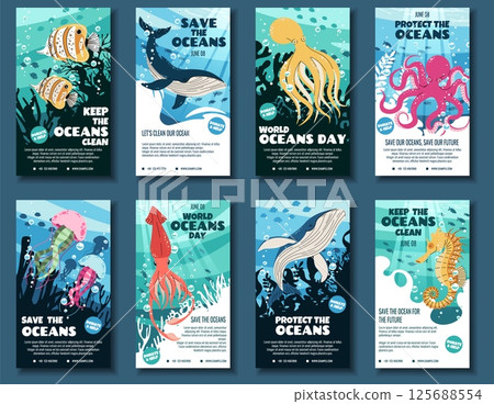 World Oceans Day Social Media Story Templates. Flat Design Marine Creatures on Coral Reef. Vertical Illustration Is Ideal for Social Media Campaigns Supporting Marine Conservation 125688554