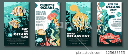 World Oceans Day Social Media Story Templates. Flat Design Butterflyfish, crab, Octopus on Coral Reef. Vertical Illustration Is Ideal for Social Media Campaigns Supporting Marine Conservation. 125688555