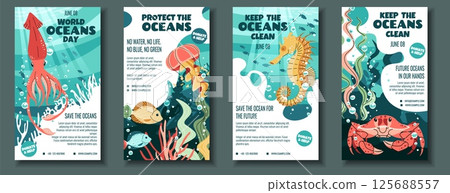 World Oceans Day Social Media Story Templates. Flat Design Squid, Jellyfish, Crab and Seahorse on Coral Reef. Perfect for Marine Conservation Posts, Aquarium Promotions and Ocean-Themed Brand Content 125688557
