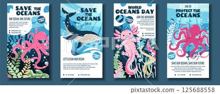 World Oceans Day Social Media Story Templates. Flat Design Octopus, Axolotl and Whale on Ocean Background. Perfect for Marine Conservation Posts, Educational Content and Eco Brand Promotions. 125688558